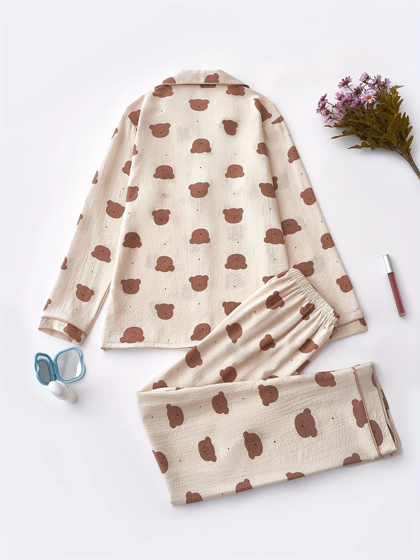 Cozy Teddy Bear Print Pajama Set for Women – Long Sleeve Lapel Top & Elastic Pants | Soft, Button-Up Sleepwear for Autumn
