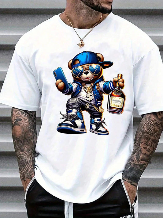 Men’s White Cartoon Bear T-Shirt – 100% Cotton Oversized Summer Tee | Casual Streetwear for Everyday Comfort