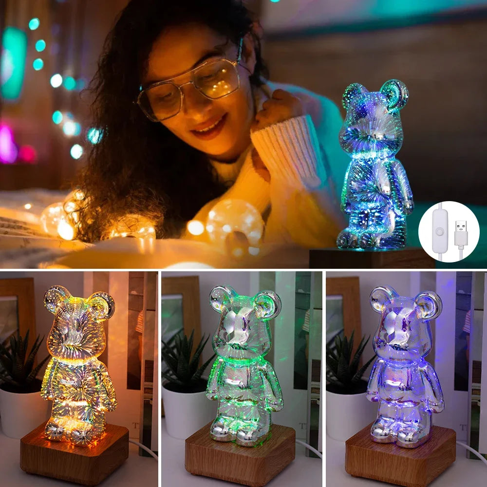 LED 3D Bear Fireworks Night Light – USB Ambient Lamp for Bedroom & Kids Room