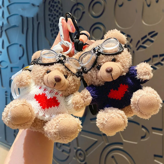 Kawaii Pilot Bear Keychain – Plush Teddy with Goggles, Bell & Pearl Rope Pendant