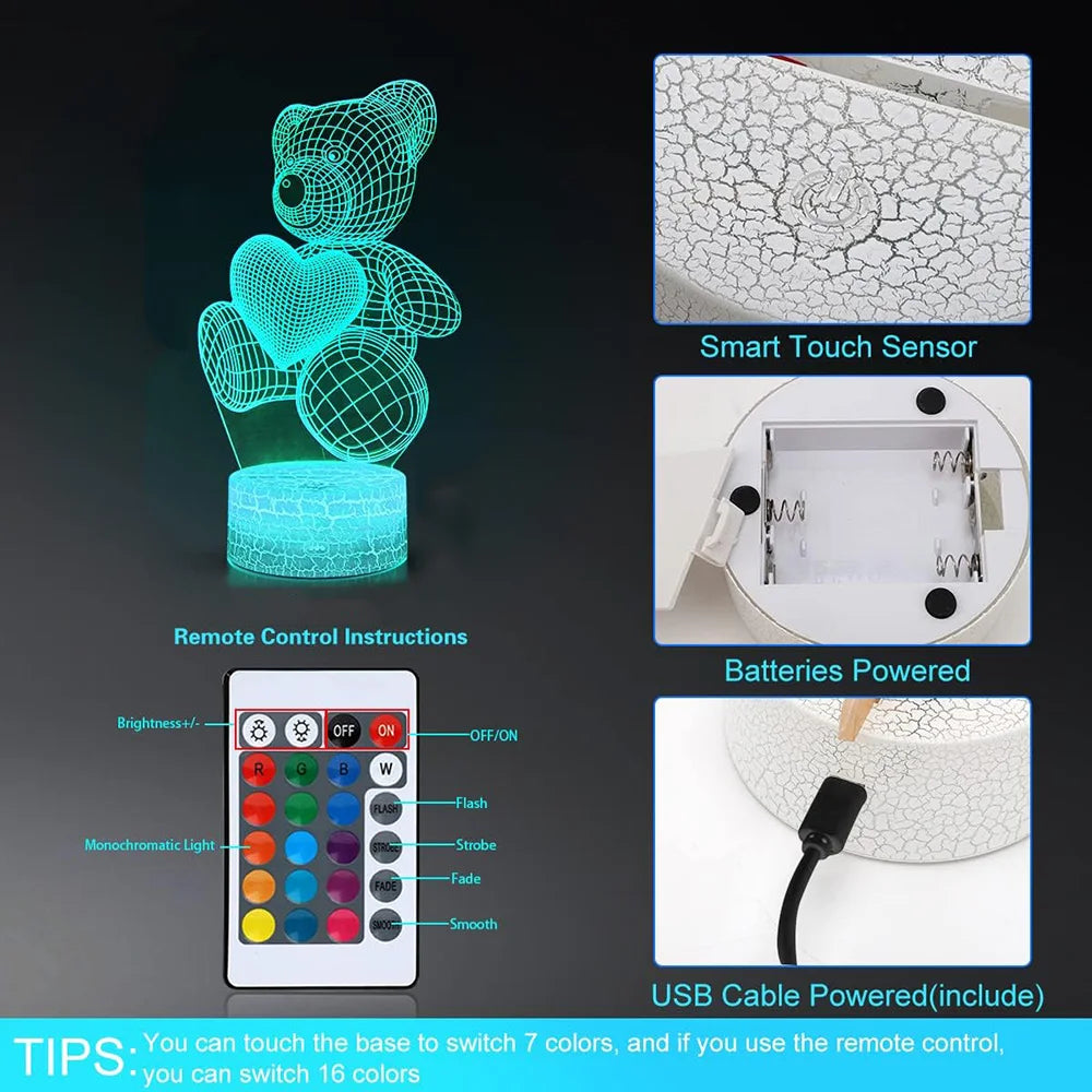 16-Color 3D Illusion Teddy Bear Night Light – LED Touch/Remote Lamp for Kids & Romantic Gifts