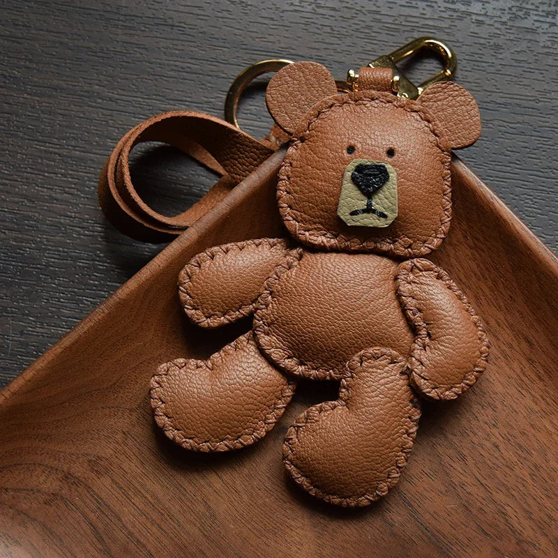 Original Design Leather Teddy Bear Keychain – Handmade Bag Charm & Car Pendant for Women