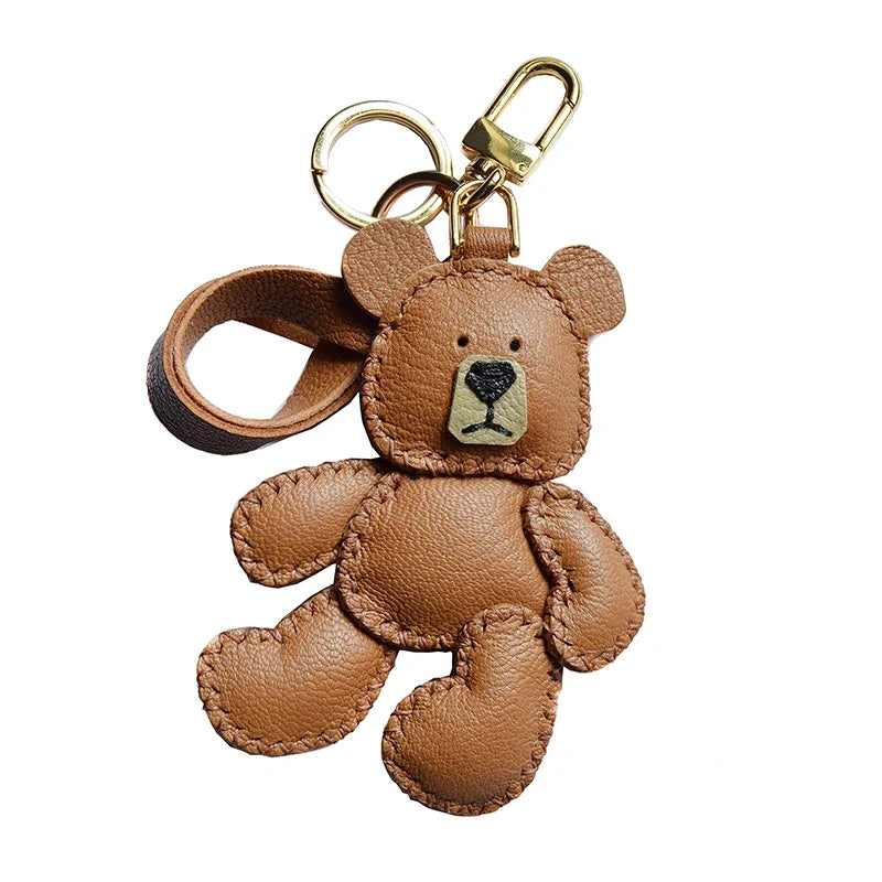 Original Design Leather Teddy Bear Keychain – Handmade Bag Charm & Car Pendant for Women