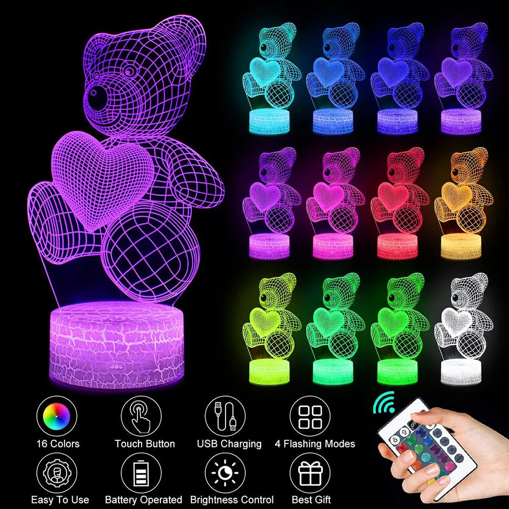 16-Color 3D Illusion Teddy Bear Night Light – LED Touch/Remote Lamp for Kids & Romantic Gifts