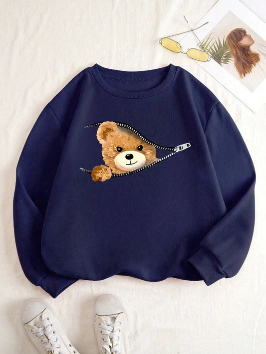 Bear Print Zipper Sweatshirt – Women’s Fleece Crewneck Hoodie