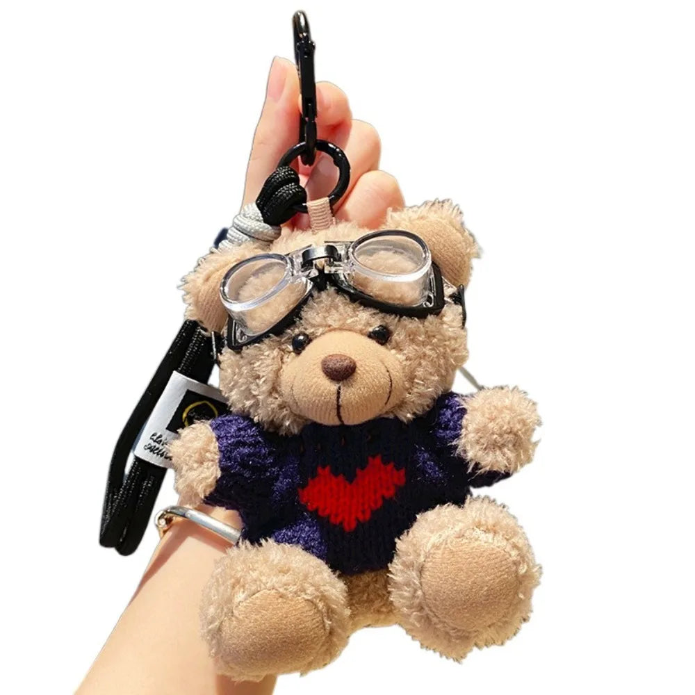 Kawaii Pilot Bear Keychain – Plush Teddy with Goggles, Bell & Pearl Rope Pendant