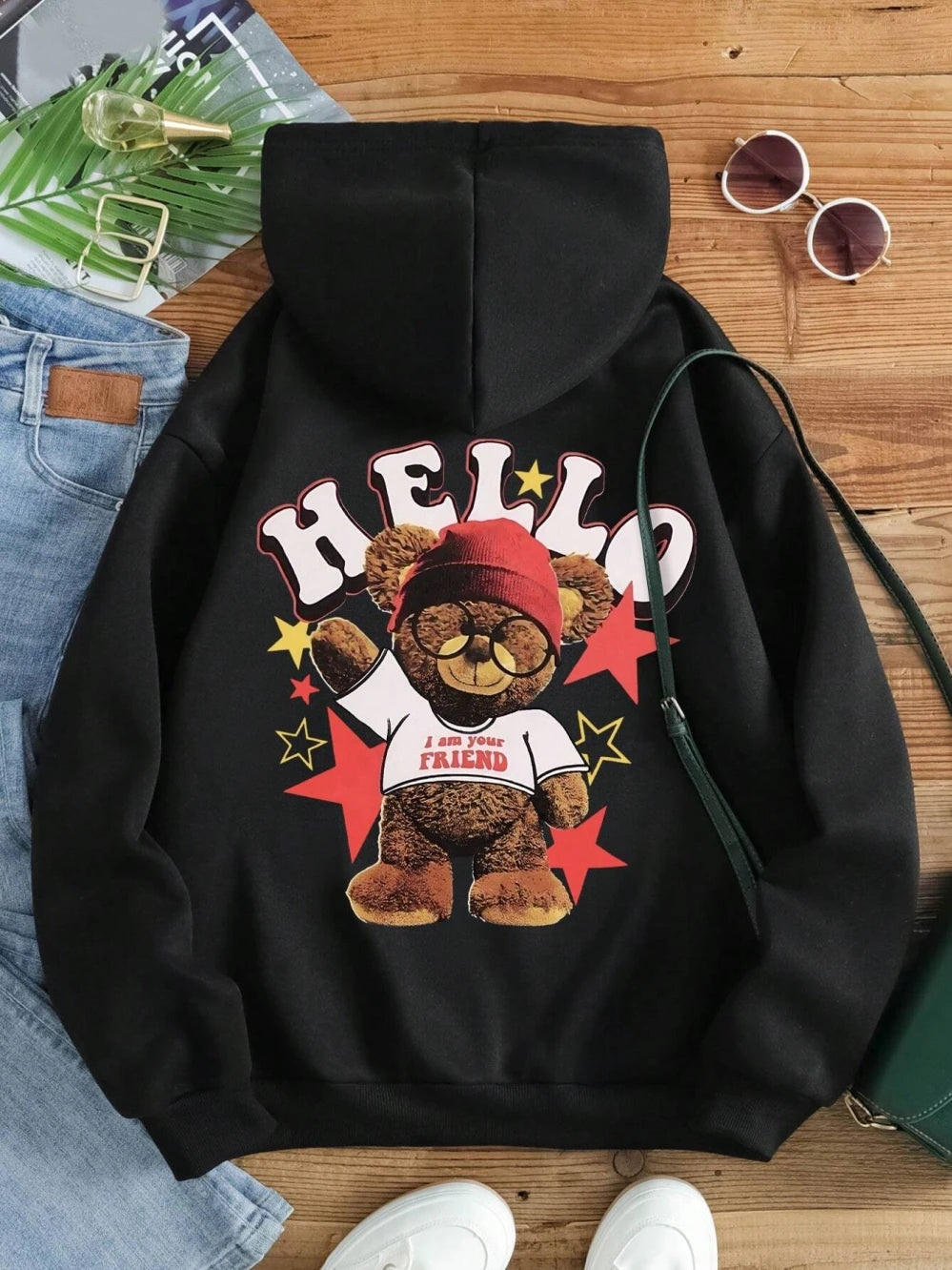 Teddy Bear Hoodie – Men’s Streetwear Pullover with Glasses Bear Graphic | Oversized Fit Sweatshirt