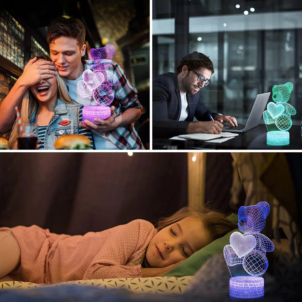 16-Color 3D Illusion Teddy Bear Night Light – LED Touch/Remote Lamp for Kids & Romantic Gifts