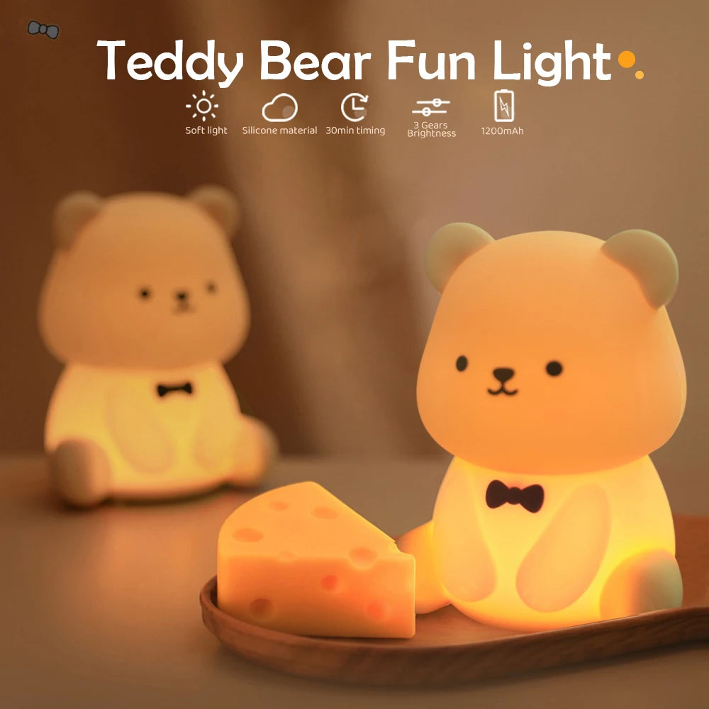 Silicone Teddy Bear Night Light – 3-Level Dimmable Nursery Lamp for Kids Bedroom