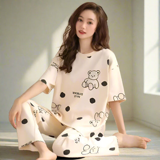 Women’s Cartoon Bear Pyjamas Set – Short Sleeve Top & Long Pants | Cute Student Sleepwear & Romantic Loungewear
