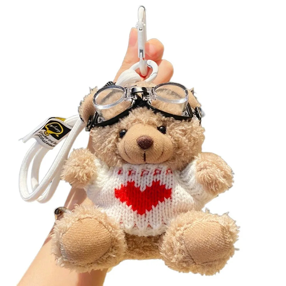Kawaii Pilot Bear Keychain – Plush Teddy with Goggles, Bell & Pearl Rope Pendant