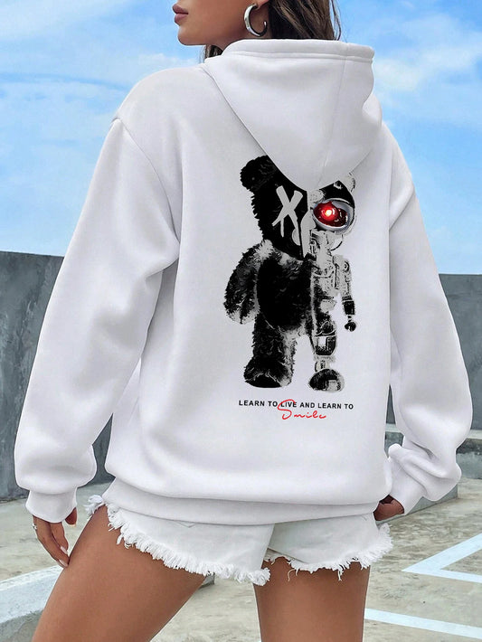 Half Teddy Bear, Half Robotic Bear Hoodie – Women’s Oversized Vintage Streetwear Sweatshirt