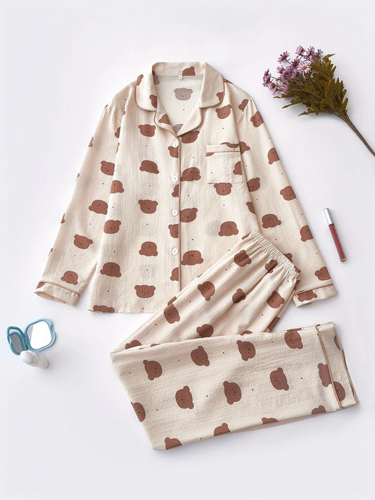 Cozy Teddy Bear Print Pajama Set for Women – Long Sleeve Lapel Top & Elastic Pants | Soft, Button-Up Sleepwear for Autumn