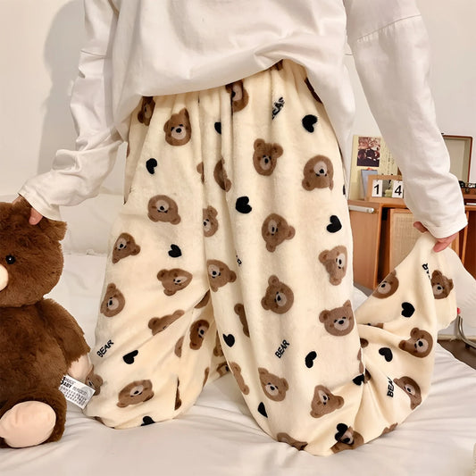  Teddy Bear Pyjamas Pants for Women – Warm Fluffy Flannel Sleepwear | Beige Winter Loungewear with Bear Print