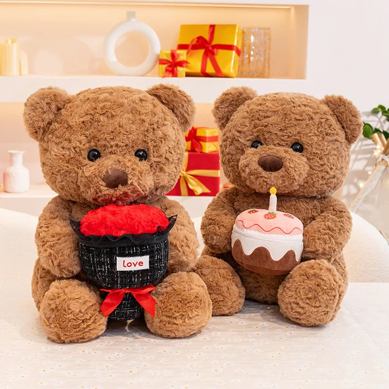 Warm Hearted Teddy Bear with Gift, Cake or Bouquet – Soft Plush Toy in Sweater for Girlfriend, Valentine's Day & Special Occasions