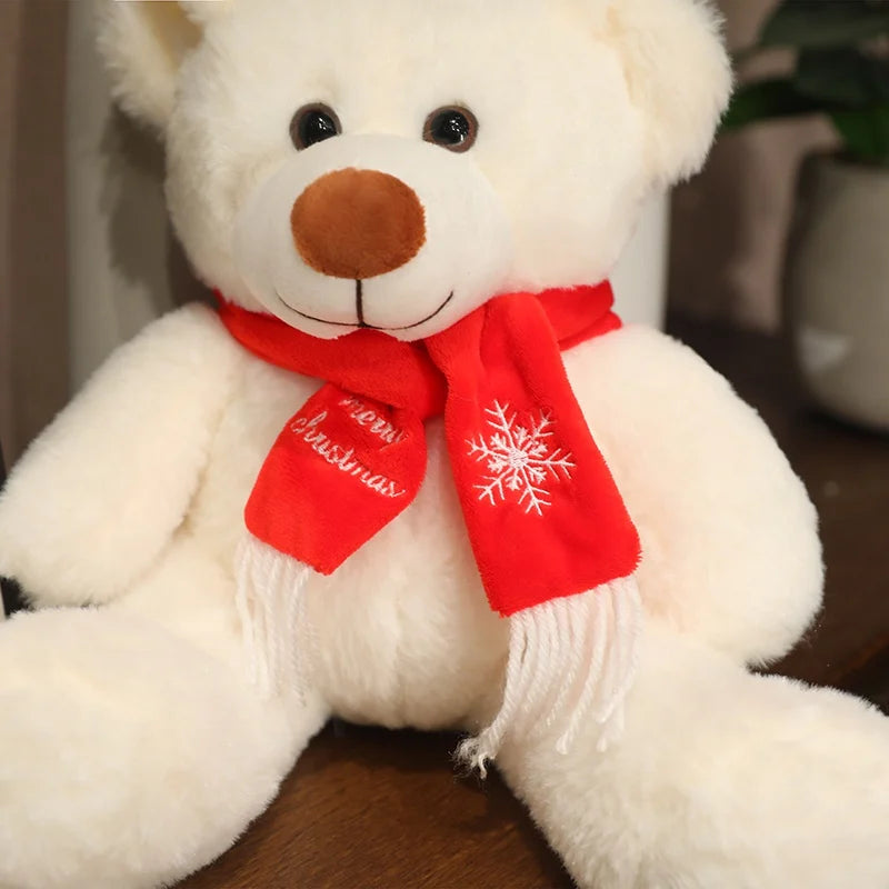  35cm Brown & White Bear Plush Doll – Christmas Gift Bear with Scarf 