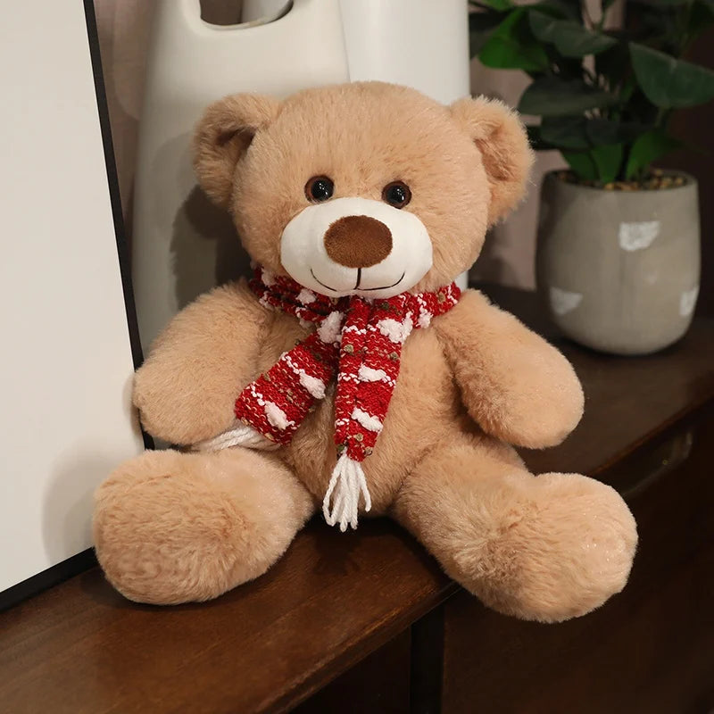  35cm Brown & White Bear Plush Doll – Christmas Gift Bear with Scarf 