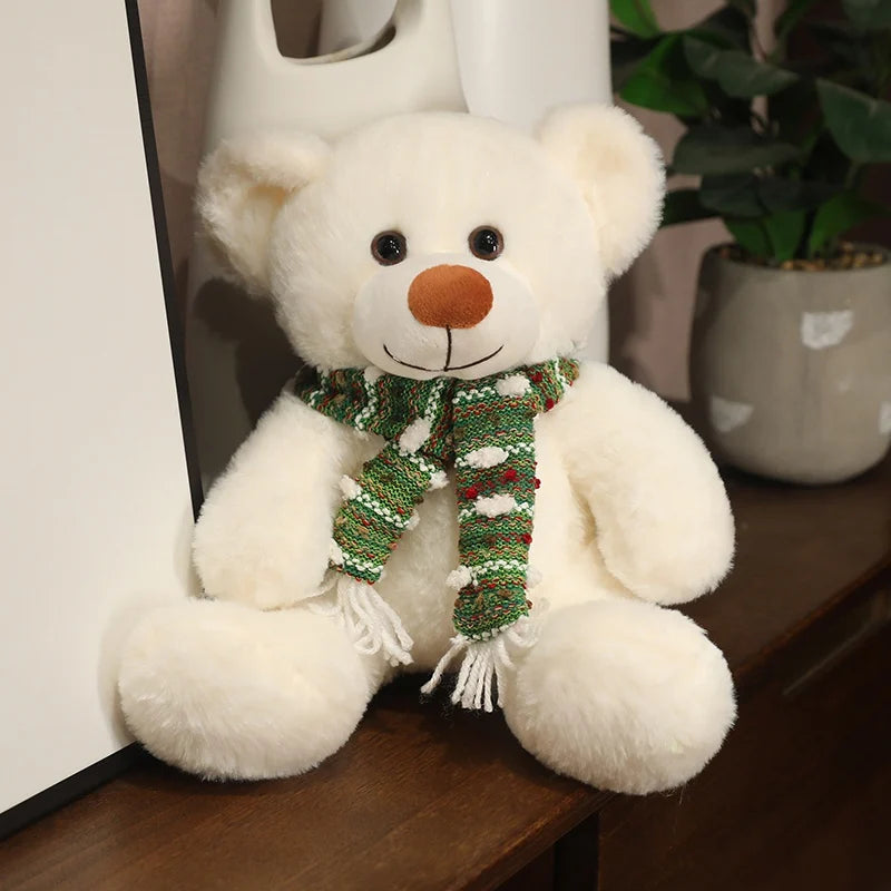  35cm Brown & White Bear Plush Doll – Christmas Gift Bear with Scarf 