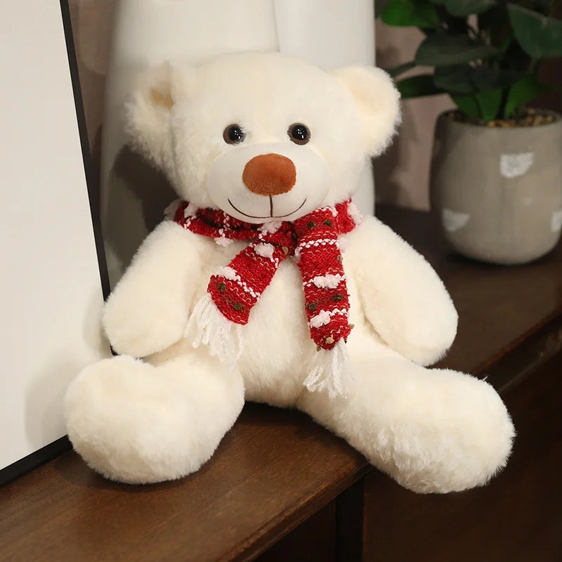  35cm Brown & White Bear Plush Doll – Christmas Gift Bear with Scarf 
