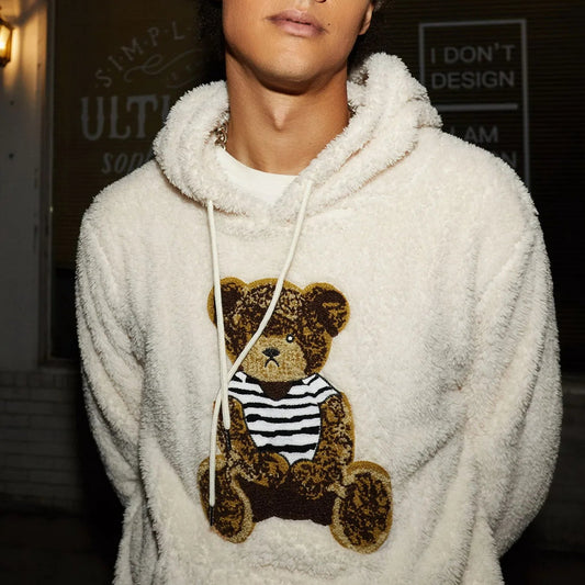 Men’s Teddy Bear Hoodie – Fluffy Faux Fur Pullover with Embroidered Bear & Kangaroo Pocket | 2025 Fuzzy Hoodie