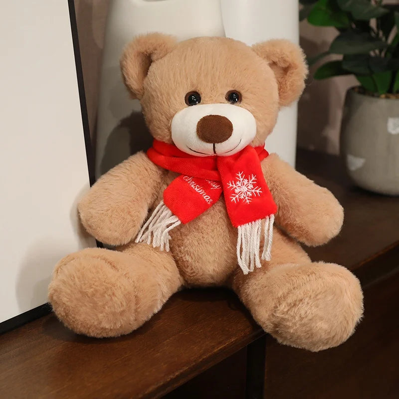  35cm Brown & White Bear Plush Doll – Christmas Gift Bear with Scarf 