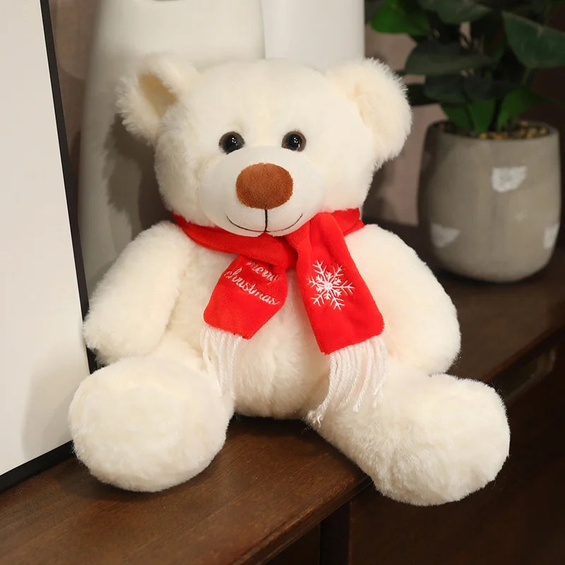  35cm Brown & White Bear Plush Doll – Christmas Gift Bear with Scarf 
