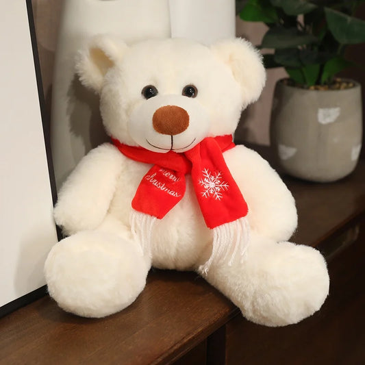  35cm Brown & White Bear Plush Doll – Christmas Gift Bear with Scarf 