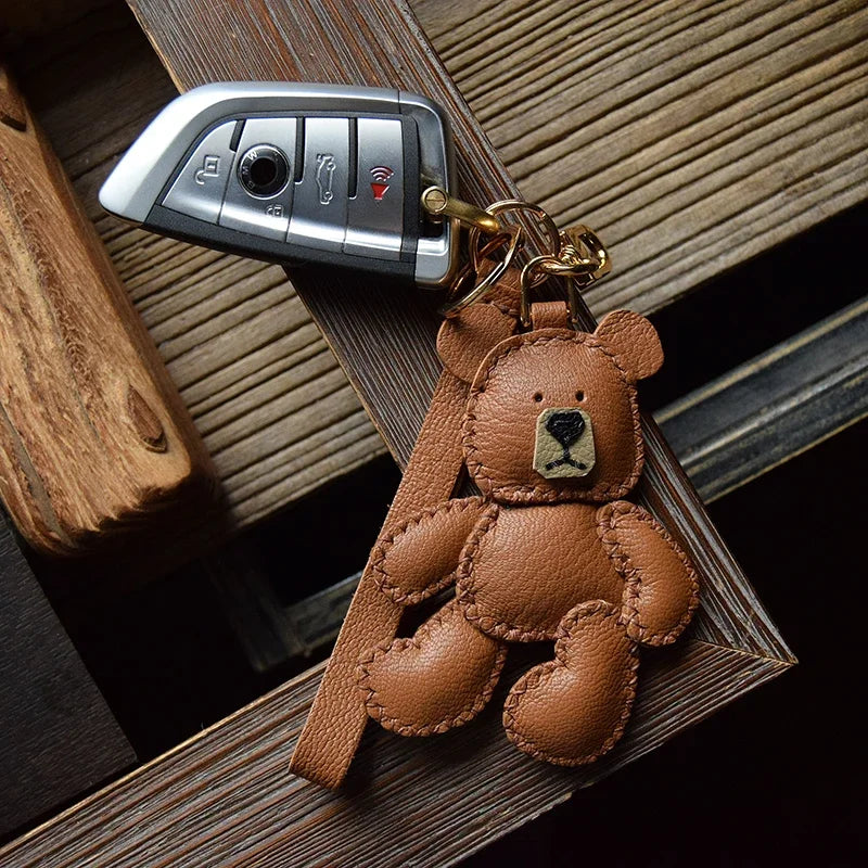 Original Design Leather Teddy Bear Keychain – Handmade Bag Charm & Car Pendant for Women